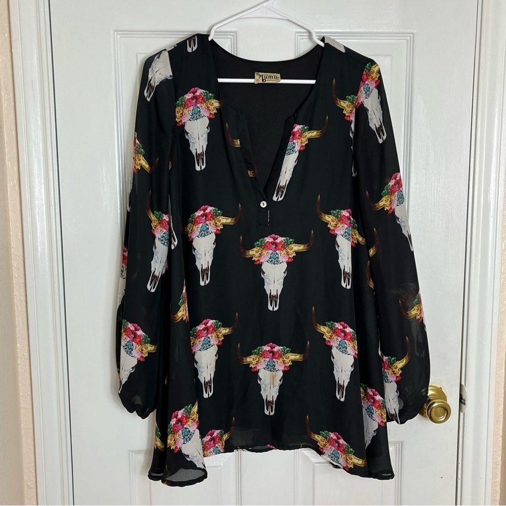 Show Me Your Mumu Womens Jamie Tunic Dress Size S Longhorn Steer Black Floral